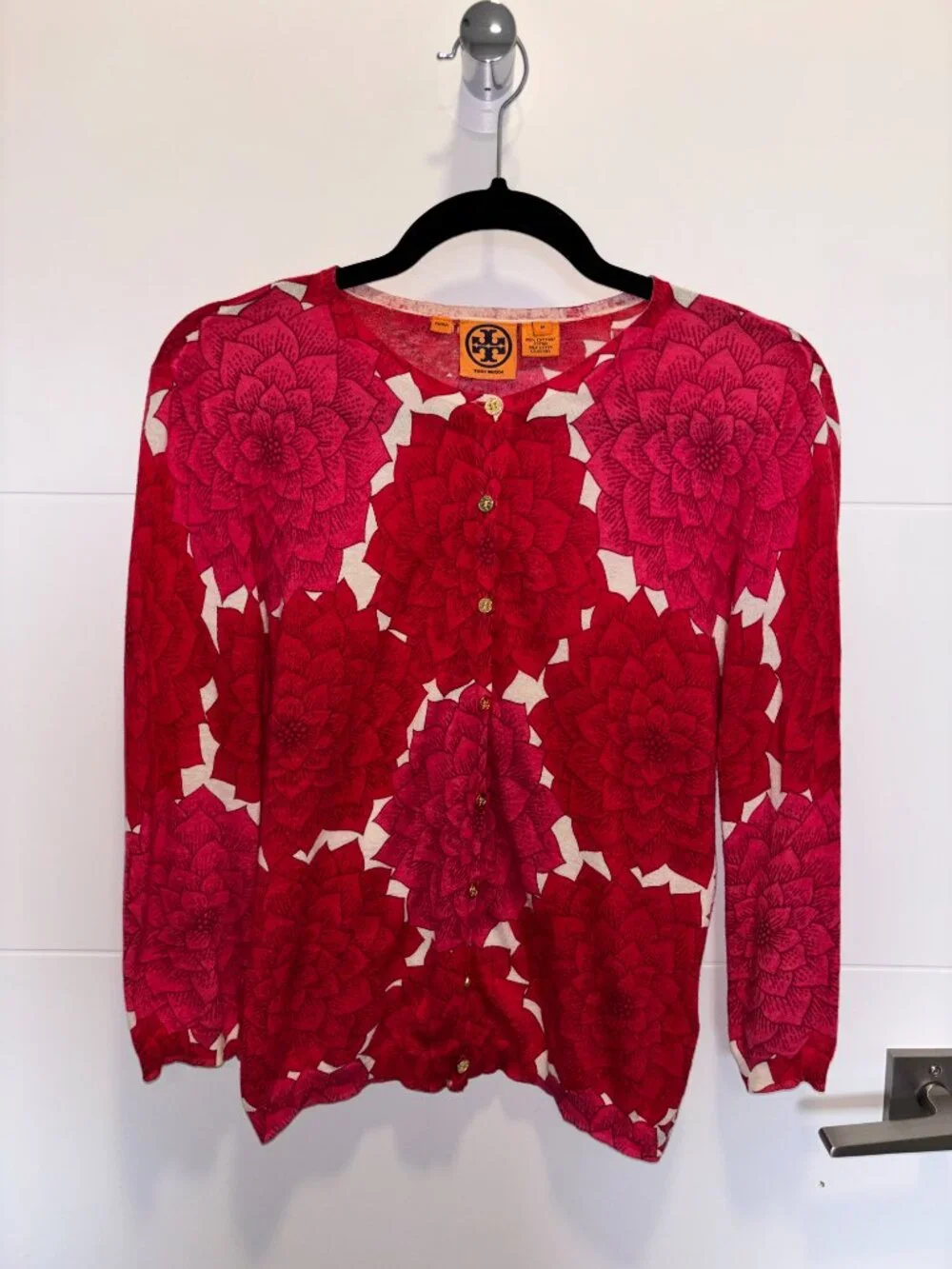 Tory Burch Red Pink Floral Cotton Logo Button Cardigan Size Medium